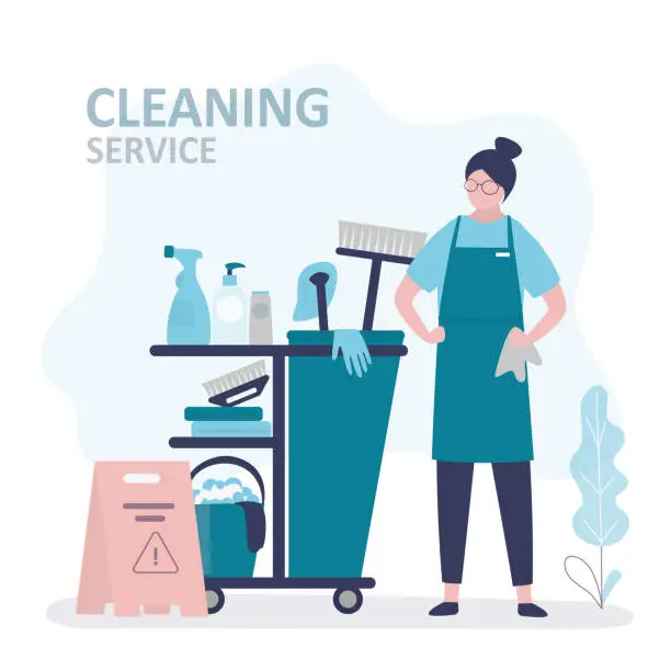 Vector illustration of Cleaning service. Housekeeper, woman dressed in uniform with cleaning equipment. Female character doing housework. Professional occupation. Janitor washing floor and furniture.