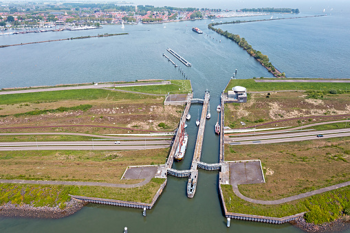 Aerial from naviduct Krabbersgat near Enkhuizen in the Netherlands, between the Markermeer and the IJsselmeer. A naviduct is a combination of an aqueduct and a sluice or sluice.