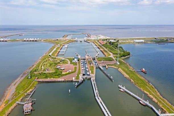 Aerial view Dutch sluices Kornwerderzand between IJsselmeer and Wadden Sea  in the Netherlands stock photo