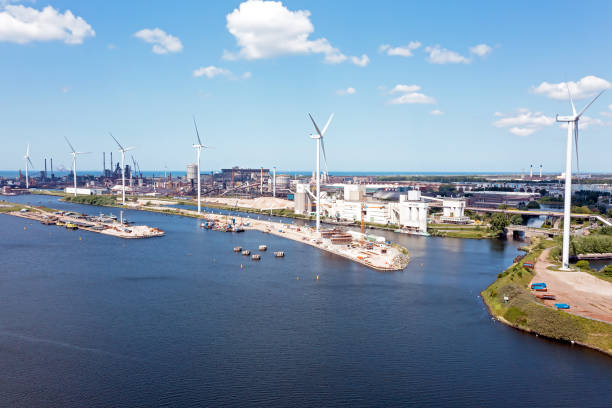 aerial from heavy industry in the harbor from ijmuiden in the netherlands - ijmuiden imagens e fotografias de stock