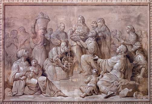 Biella - The fresco of Miralce The Feeding the multitude in Cathedral (Duomo) by Giovannino Galliari (1784).