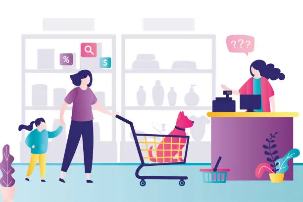 Vector illustration of Mother and daughter push shopping trolley with dog in pet shop. Sales time in pet store, discounts. Accessories and food for domestic pets and animals. Seller on cashier.