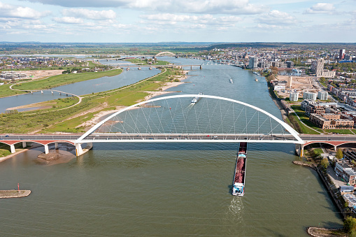 Aerial from the bridge the Oversteek at the river Waal near Nijmegen in the Netherlands