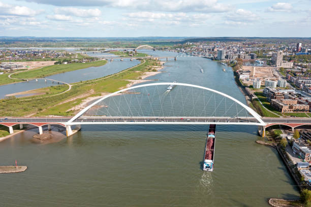 Aerial from the bridge the Oversteek at the river Waal near Nijmegen in the Netherlands stock photo