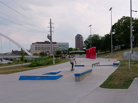 Des Moines, Iowa - June 24, 2023: Lauridsen Skatepark the largest skatepark in the US