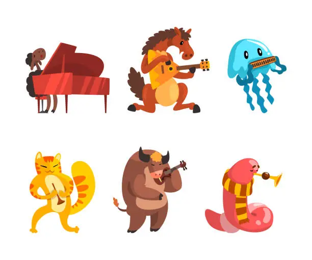 Vector illustration of Funny Animal Character Playing Different Musical Instrument Performing Concert Vector Set