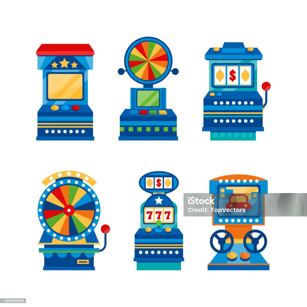 Simple Gamble Machine Slot Arcade Gambling Machine With Lever And Button Vector Set Stock ...