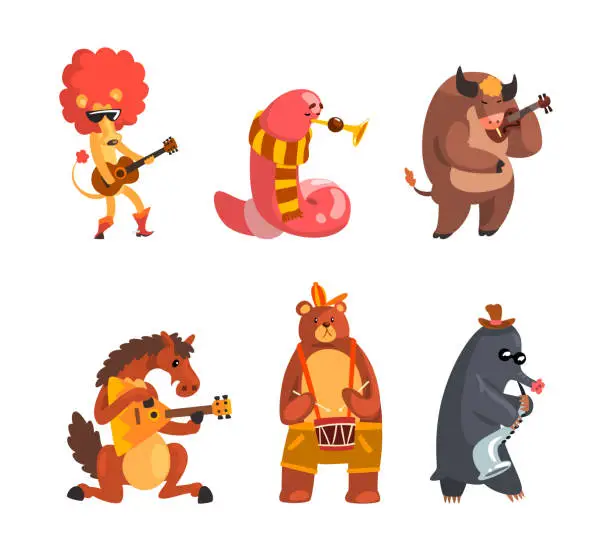 Vector illustration of Funny Animal Character Playing Different Musical Instrument Performing Concert Vector Set
