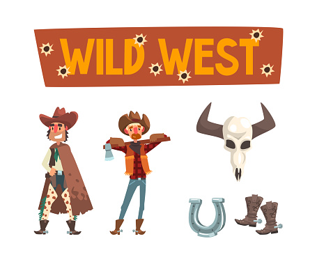 Wild West Cowboy Man in Hat and Boots with Horseshoe, Wooden Signboard and Bull Skull Vector Set. Western American Male Character and Accessory