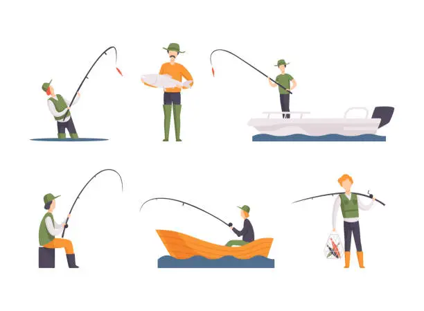 Vector illustration of Fisherman in Boots with Fishing Rod Angling Engaged in Leisure Activity Vector Set