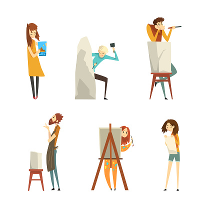 Creative Man and Woman Engaged in Handicraft Drawing and Making Sculpture Vector Set. Young Male and Female Crafting Masterpiece with Stone and Easel