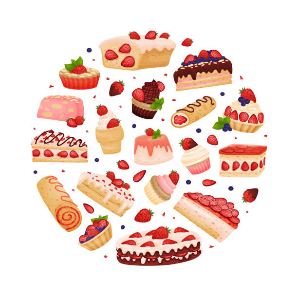 illustrations, cliparts, dessins animés et icônes de conception de composition ronde de dessert à la fraise avec modèle vectoriel de pâtisserie crémeuse sucrée - custard