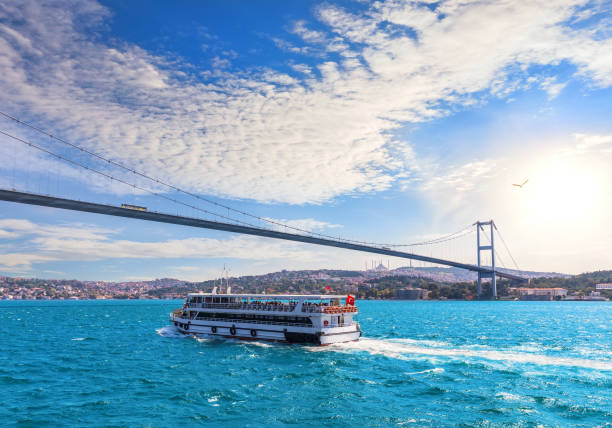 istock Ship is sailing near the Bosphorus bridge and modern Istanbul view, Turkey 1502939631