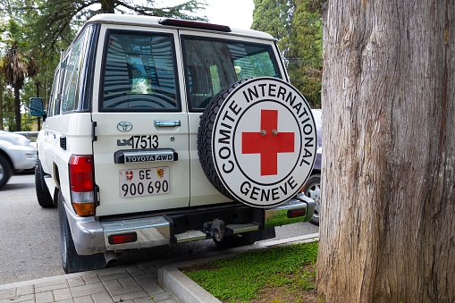 Sukhumi, Abkhazia, Georgia - 11 April, 2023: Car of the international committee of the red cross parked on city street