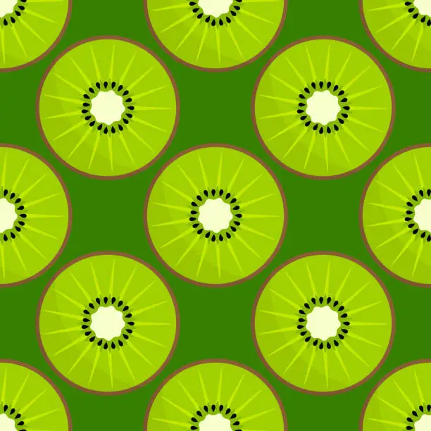 Vector illustration of Kiwi fruit slices seamless green pattern.