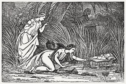 The exposure of the newborn Moses (Exodus 2). Wood engraving, published in 1835.
