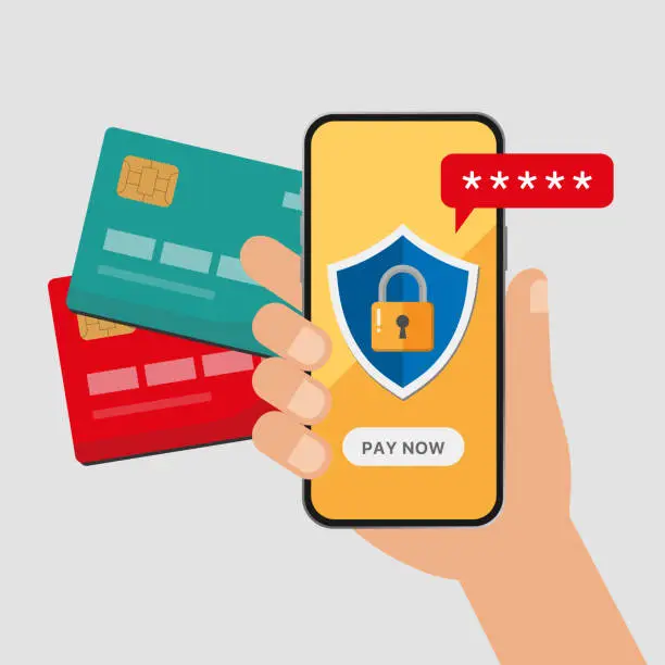 Vector illustration of Smartphone with a protection shield and padlock, password and credit card. Protection of online payments, online purchases using bank card. Concept of electronic security financing, safety cyber security, personal data protection and privacy.