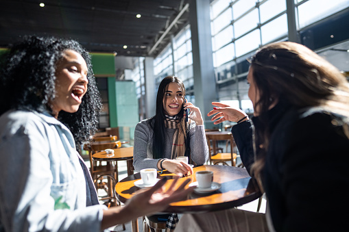 Female friends talking in coffee shop at the airport