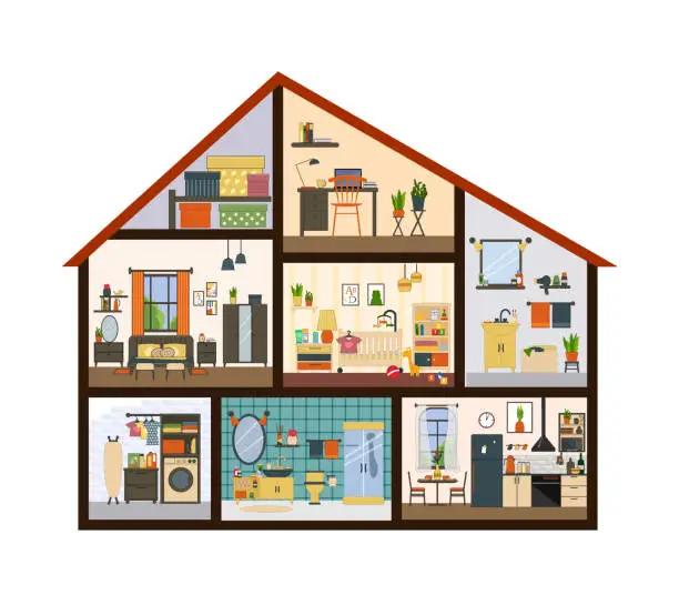 Vector illustration of Detailed sectional house interior. Vector flat illustration. Modern style.