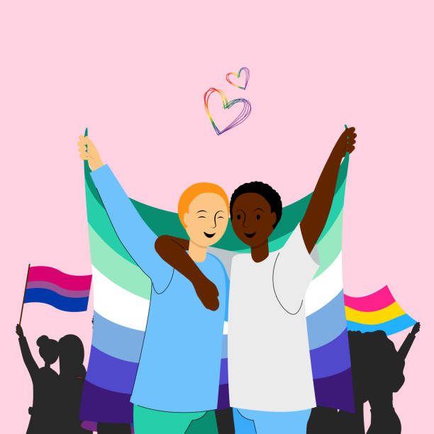illustrazioni stock, clip art, cartoni animati e icone di tendenza di persone che tengono la bandiera dell'uomo gay durante il mese dell'orgoglio e sostengono l'uguaglianza e i diritti - rainbow gay pride homosexual homosexual couple