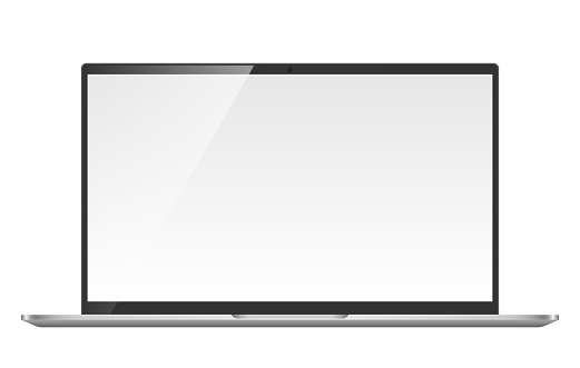 Silver laptop monitor vector mockup. Pc computer template with blank screen. Desktop isolated on white background.