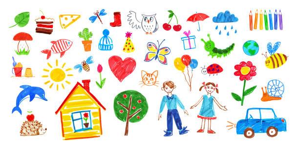 Felt pen vector collection of child drawings Felt pen vector collection of child drawings, isolated vector illustrations set pencil art cartoons stock illustrations