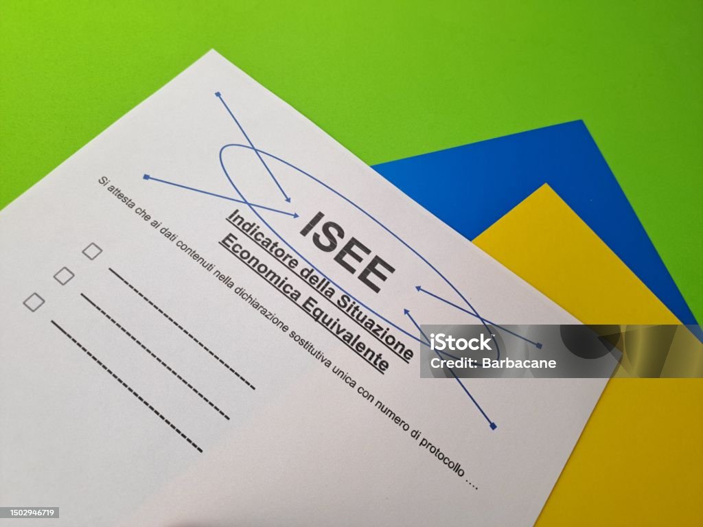 Equivalent Economic Situation Indicator Form Modello ISEE Equivalent Economic Situation Indicator Form Modello ISEE. Table with colored sheets. Bank - Financial Building Stock Photo