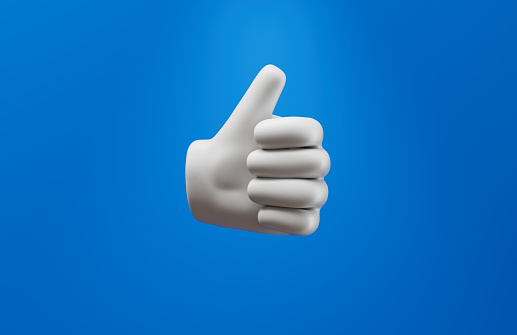 3D illustrated THUMBS UP hand emoji over blue background.
