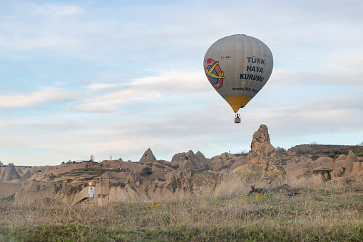 Scenic view of hot air balloons flying over Cappadocia in Turkey