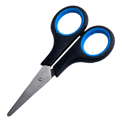 Blue scissor sitting over white background. Horizontal composition with copy space.