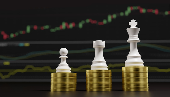 Chess with money investment ,financial market, emulation and planning concept, 3D render