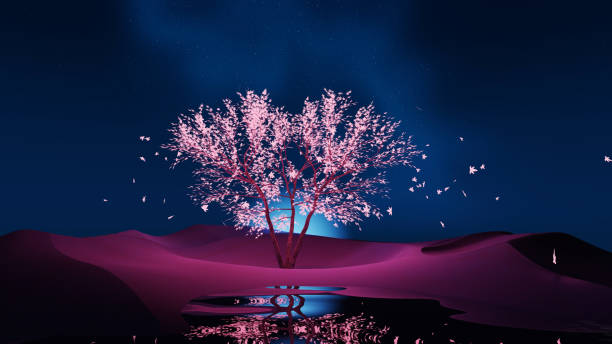 istock 3d render Surreal dune landscape background with alone tree, abstract fantastic desert dune in seasoning landscape environment, panoramic, futuristic scene with copy space, blue sky and cloudy 1502952831