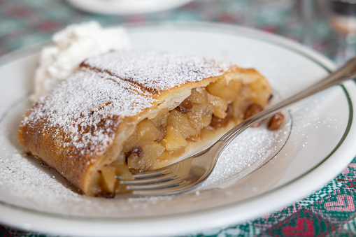 close up view of a slice of strudel