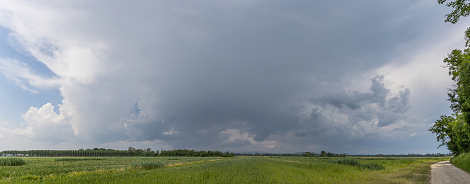 wide panoramic composition showing a natural italian countryside environment in the Friuli Venezia Giulia region, at the beginning of summer season, in the afternoon. dark rainy clouds covering the sky