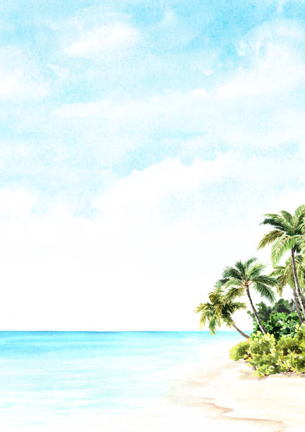 istock Seascape.Tropical palm beach, Sea, sand and blue sky, summer vacation concept and background. Hand drawn watercolor illustration 1502955479
