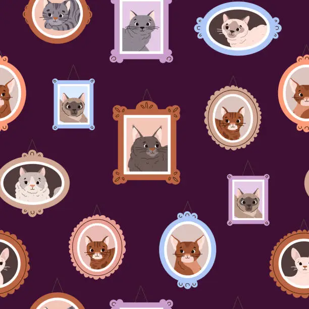 Vector illustration of Picture frame hanging on wall with cats portraits, seamless pattern, cartoon flat vector illustration.