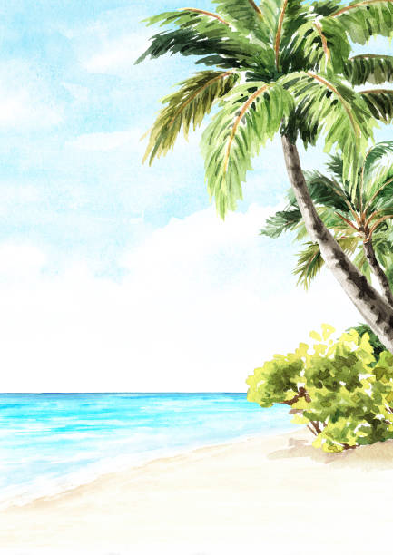 istock Seascape.Tropical palm beach, Sea, sand and blue sky, summer vacation concept and background. Hand drawn watercolor illustration 1502955592