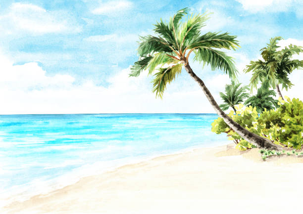 istock Seascape.Tropical palm beach. Sea, sand and blue sky, summer vacation concept and background. Hand drawn watercolor illustration 1502955607