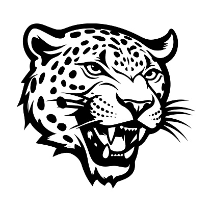 Leopard head black outline art. Wild animal, mascot vector illustration.