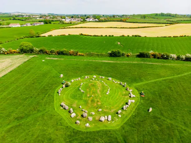 Ballynoe stone circle, a prehistoric Bronze Age burial mound surrounded by a circular structure of standing stones dating from the Neolithic period, County Down, Northern Ireland