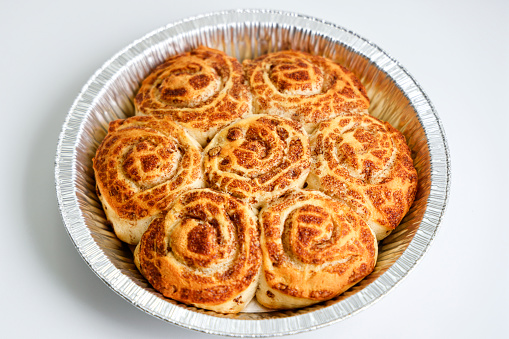 Pan of fresh-baked cinnamon rolls