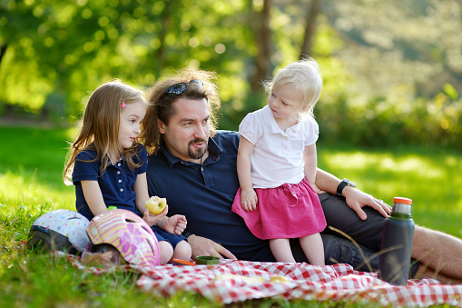 Young father and his daughters picnicking in the park