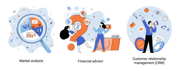 Market statistics analysis metaphor, financial advisor, customer relationship management business themes set Market statistics analysis, financial advisor, customer relationship management business themes metaphor. Investment money, management planning for customer. Fiscal consultantation, client interaction strategic themes stock illustrations