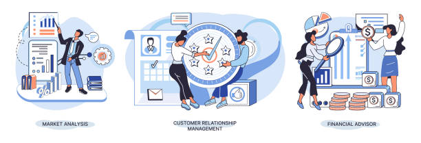 Market statistics analysis metaphor, financial advisor, customer relationship management business themes set Market statistics analysis, financial advisor, customer relationship management business themes metaphor. Investment money, management planning for customer. Fiscal consultantation, client interaction strategic themes stock illustrations