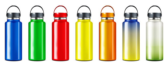 Color insulated water bottle isolated on white background realistic vector mockup set. Stainless steel shiny metal sport flask mock-up. Template for design. Easy to recolor