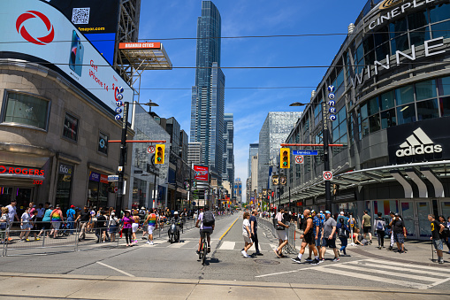 Toronto, Canada - June 25, 2023: The Pride Toronto Parade is organized by Pride Toronto, a non-profit organization. It hosts the annual Pride Month celebrations in Toronto, Canada, which attracts millions of attendees from around the globe.