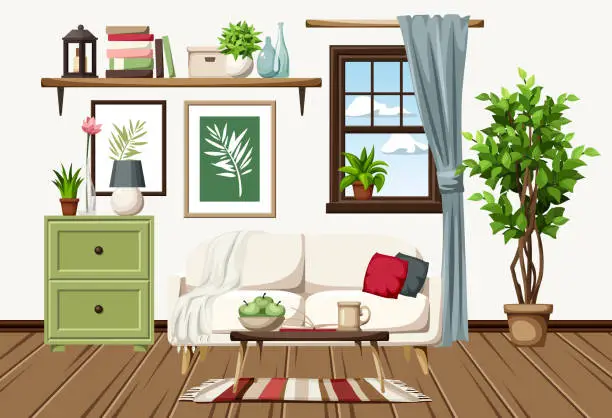 Vector illustration of Living room interior design with a sofa, a dresser, a bookshelf, and big ficus tree. Cartoon vector illustration