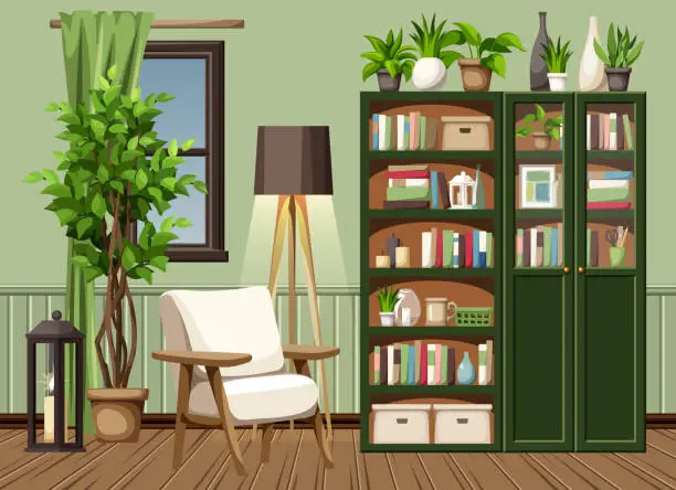 Vector illustration of Living room interior design with bookcases, an armchair, a floor lamp, and a big ficus tree. Cartoon vector illustration