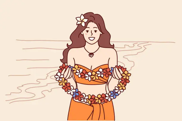 Vector illustration of Woman from hawaiian beach holds flower lei garland and says welcome inviting tourists to islands