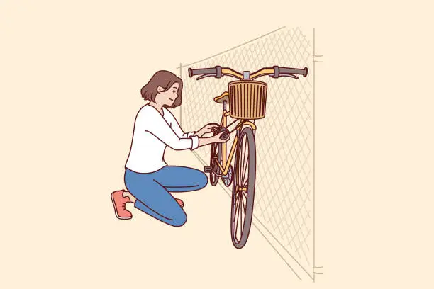 Vector illustration of Woman parks bicycle near fence after returning from work on environmentally friendly transport